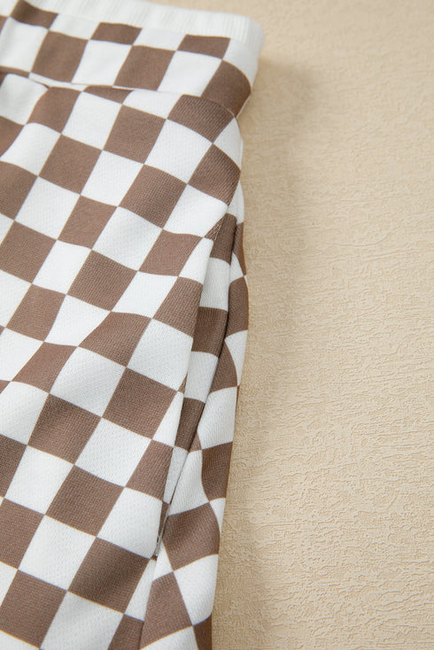 Checkered Polo Collar Long Sleeve Mini Skirt Two Piece Dress