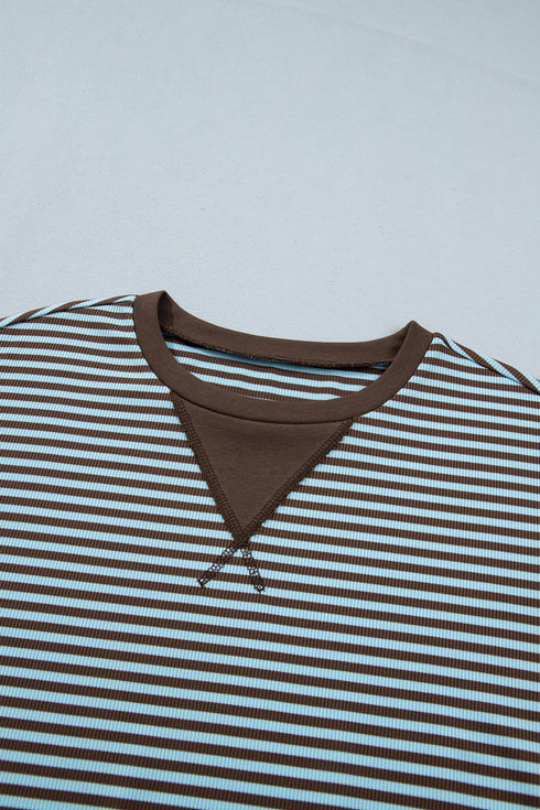 Striped Oversized Long Sleeve Top Drawstring Loose Short Set