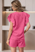 Textured Ruffle Sleeve Drawstring Waist Solid Short Set