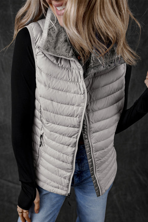 Plush Collar Quilted Zip Front Puffer Vest