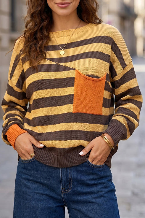 Striped Panel Drop Shoulder Relaxed Pullover Knit Sweater
