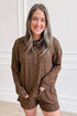 Leopard Print Long Sleeve Henley Top Elastic Waist Shorts Two Piece Outfit Short Set