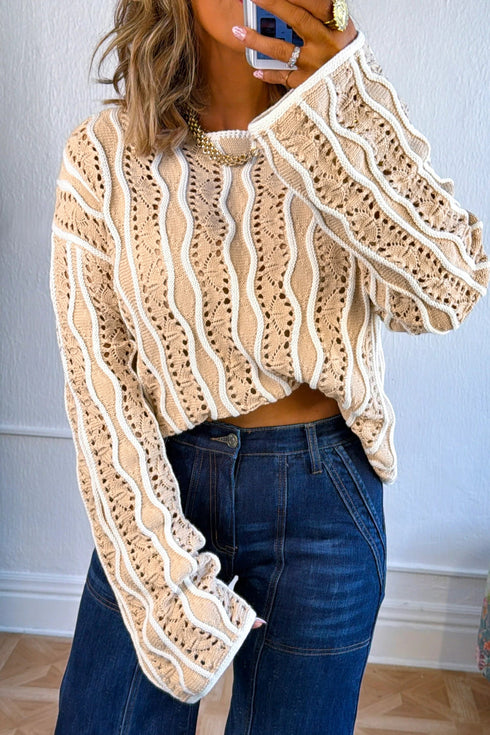 Wavy Hollow Out Knit Cotton Pullover Long Sleeve Sweater