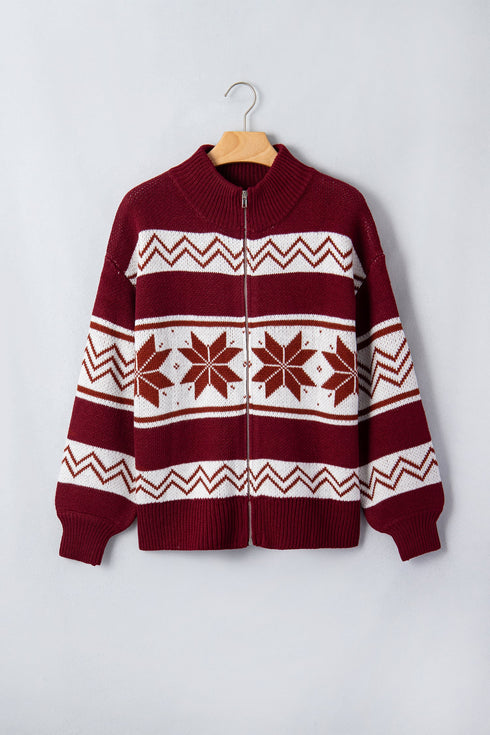 Geometric Pattern Zip Up Long Sleeve Cardigan