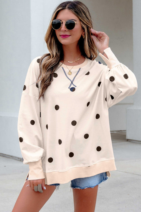 Playful Polka Dot Relaxed Split Hem Pullover Top