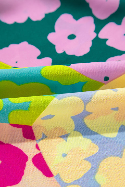 Abstract Print Ruffled Mock Neck Pleated Blouse