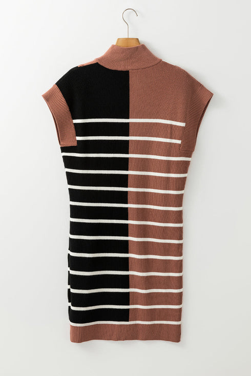 Striped Ribbed Knit Half Zip Mini Dress