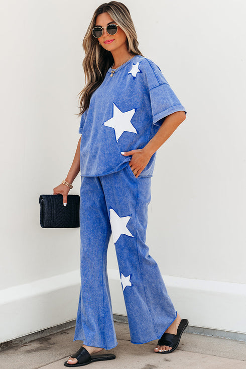 Acid Wash Star Applique Rolled Trim Pants Set