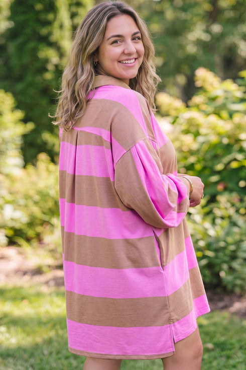 Striped Long Sleeve V Neck Shift Mini Dress