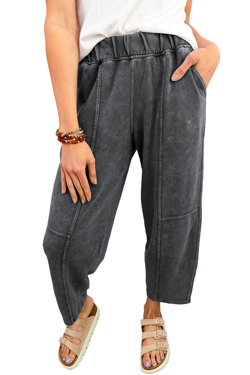 Washed Seam Detail Elastic Waist Barrel Pants