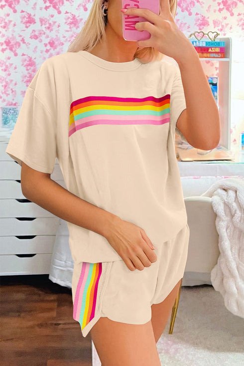 Vibrant Striped Detail Athleisure Two Piece Short Sets