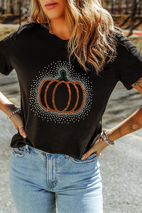 Rhinestone Pumpkin Graphic Print Short Sleeve Tee