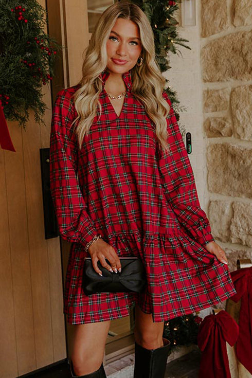 Plaid Long Sleeve Decorated Shift Silhouette Mini Dress