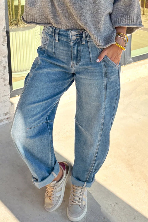 Casual Washed Cuffed Barrel Leg Jeans
