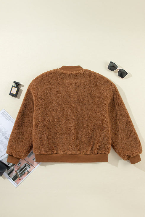 Exclusive Solid Sherpa Fleece Ribbed Collar Bomber Jacket