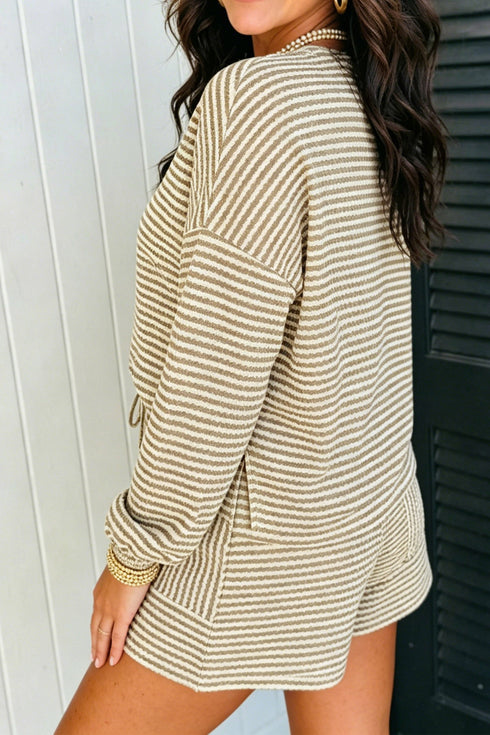 Striped Textured Knit Long Sleeve Top Elastic Waist Shorts Outfit Short Set