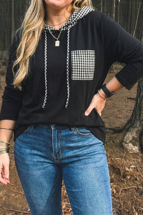 Hooded Gingham Paneling Chest Patch Pocket Long Sleeve Top