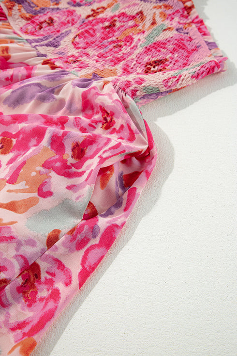 Abstract Floral Shirred One Shoulder Maxi Dress