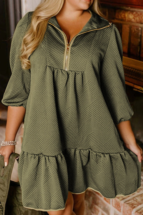 Textured Accent Trim Quarter Zip Bracelet Sleeve Mini Dress