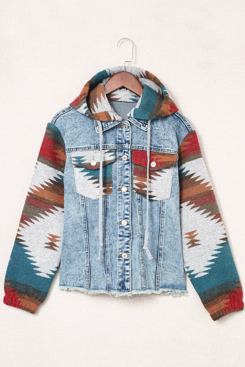 Aztec Print Patchwork Frayed Hem Western Denim Jacket