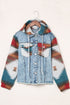 Aztec Print Patchwork Frayed Hem Western Denim Jacket