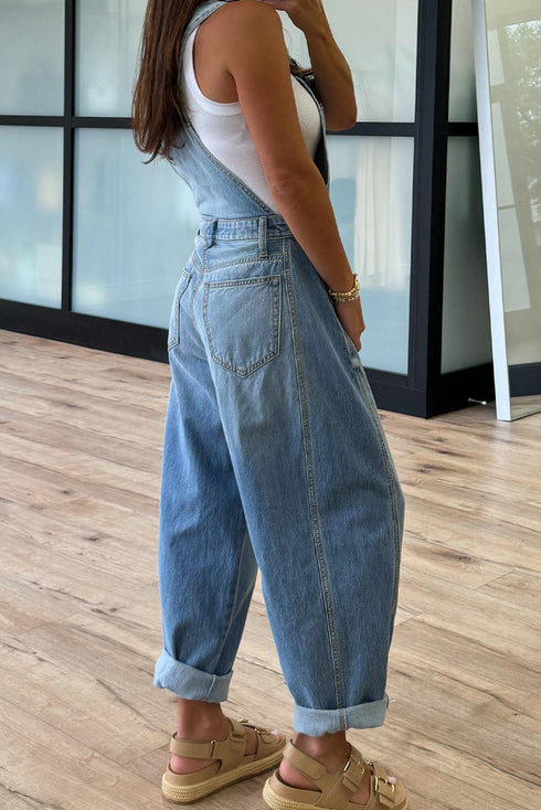 Adjustable Buckle Wide Leg Denim Barrel Jumpsuit