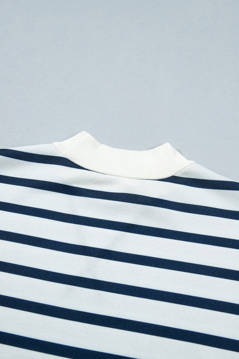Striped Ribbed Cuff Collar Pocket Loose Pant Set