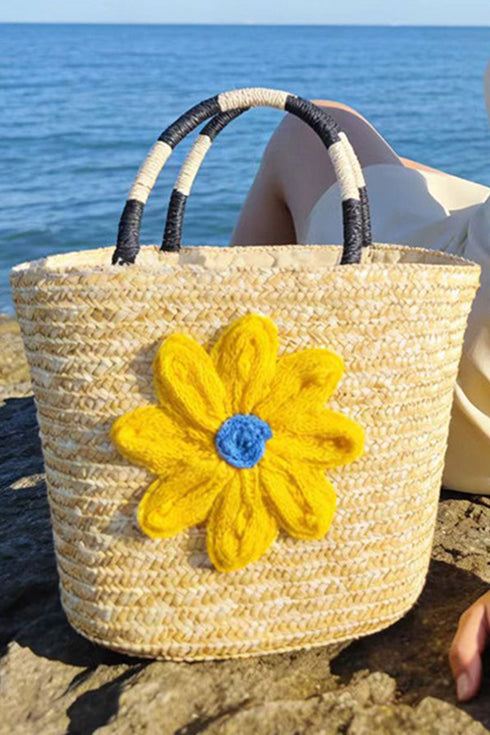 Crochet Flower Detail Boho Woven Shoulder Bag