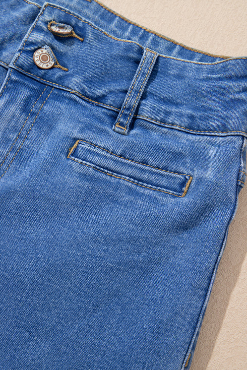 Casual Double Button High Rise Straight Leg Jeans