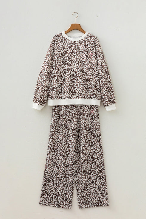 Coordinated Leopard Print Embroidery Details Pant Set