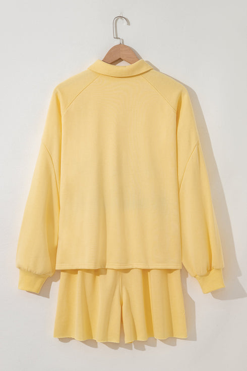 Casual Button Collar Drop Shoulder Pullover Coordinated Short Sets