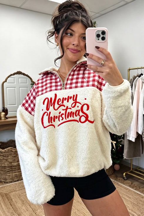 Plaid Patchwork Baggy Silhouette Plush Sherpa Sweatshirt