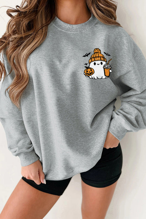 Ghost Character Embroidered Graphic Art Pullover Sweatshirt