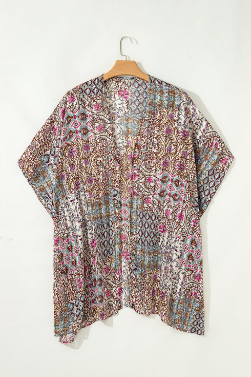 Bohemian Mixed Print Open Front Draped Kimono