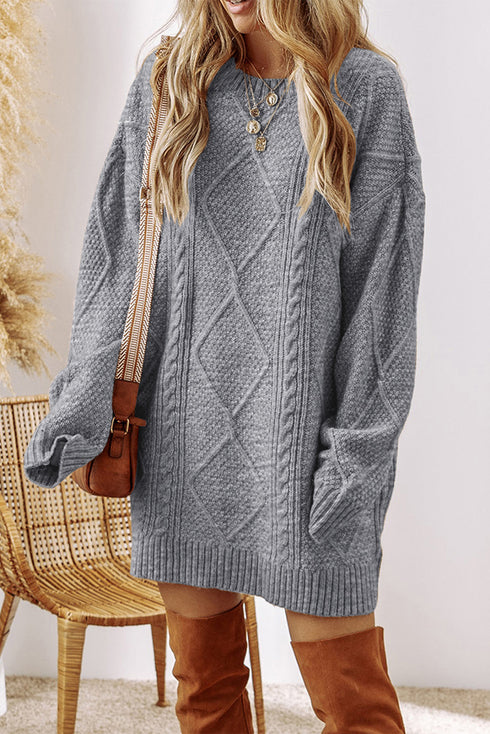 Long Sleeve Cable Knit Crew Neck Sweater Dress