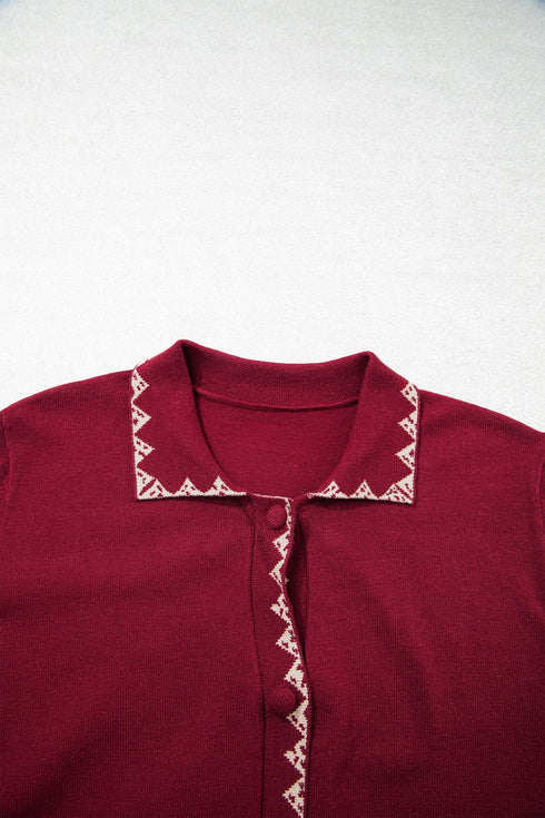 Bow Pocket Collared Long Sleeve Knit Cardigan
