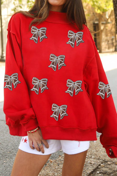 Sequin Bow Knot Graphic Mock Neck Sweatshirt