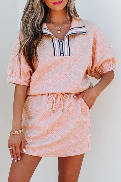 Textured Striped Collared Zip Up Two Piece Dress