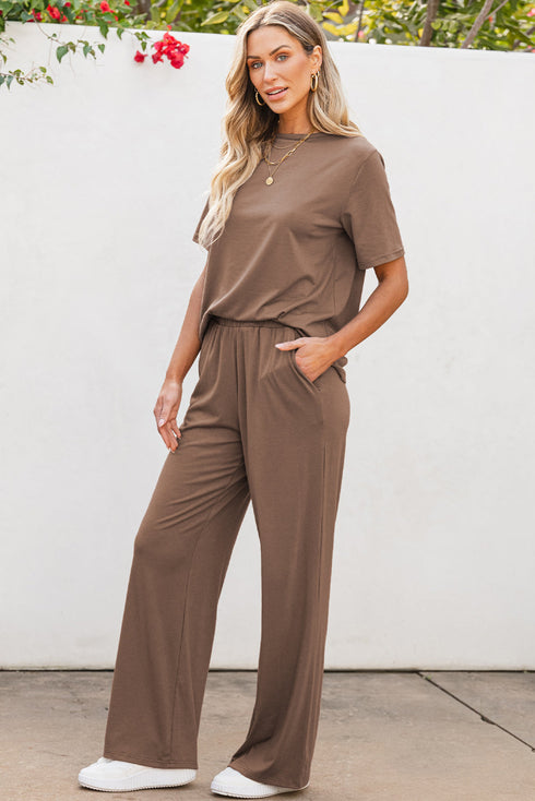 Casual Solid T Shirt Wide Leg Pant Set
