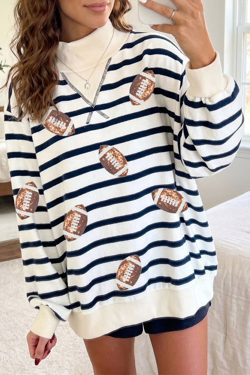 Striped Sequin Rugby Print Mock Neck Sweatshirt