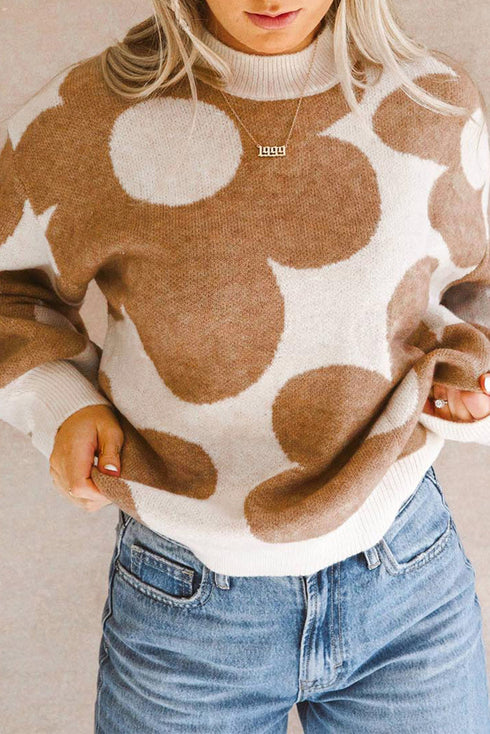 Abstract Floral Print Mock Neck Knit Sweater