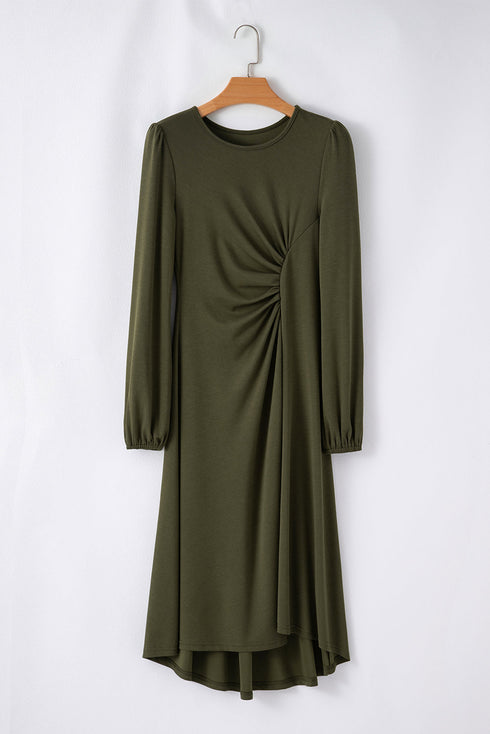 Viscose Polyester Ruched Long Sleeve Midi Dress