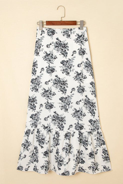 Bohemian Floral Print High Waist Ruffle Split Maxi Skirt