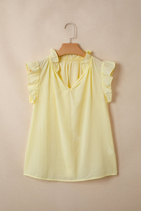 Cotton Blend Ruffle Trim V Neck Sleeveless Tank Top