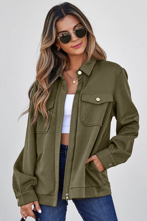 Casual Textured Flap Pocket Shirt Collar Zip Up Jackets
