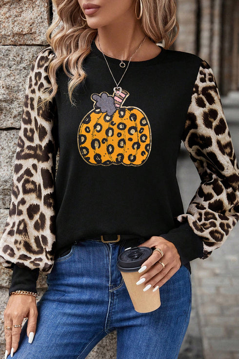 Pumpkin Graphic Leopard Sleeve Knit Long Sleeve Tee