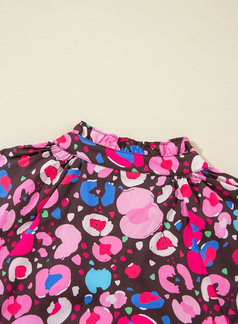 Abstract Pattern Collared Tiered Puff Sleeve Mini Dress