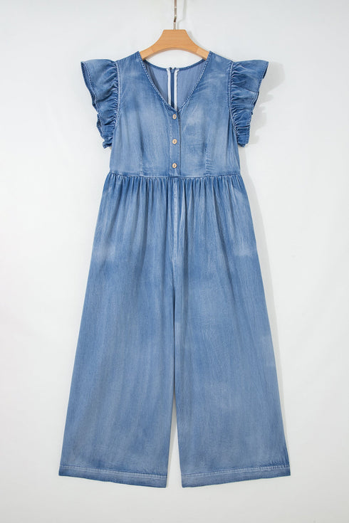 Ruffled Short Sleeve Button V Neck Wide Leg Denim Jumpsuit