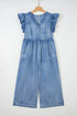 Ruffled Short Sleeve Button V Neck Wide Leg Denim Jumpsuit