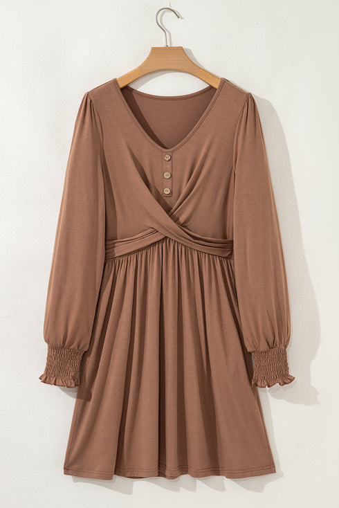 Shirred Cuff Button Round Neck Long Sleeve Mini Dress
